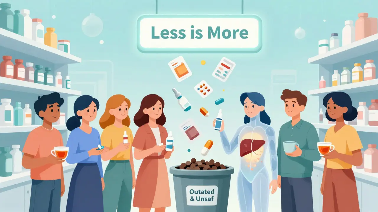 Pharmacy shelf with outdated cold meds being recycled, new single-ingredient pills rising toward 'Less is More' sign.