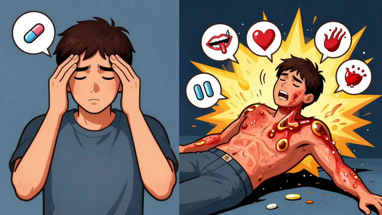 Split illustration showing mild headache vs. severe rash, heart, and breathing symptoms escalating dangerously.