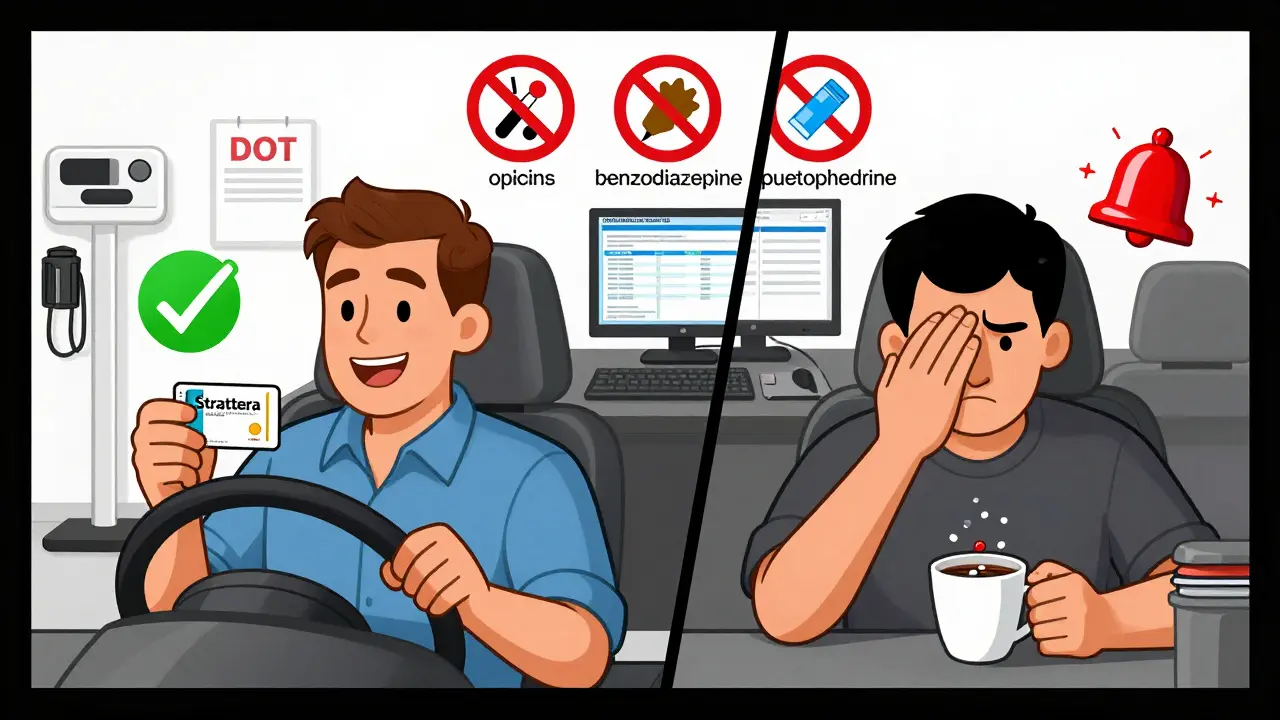 Split scene: driver taking safe ADHD med vs hiding banned stimulant, with warning icons floating above