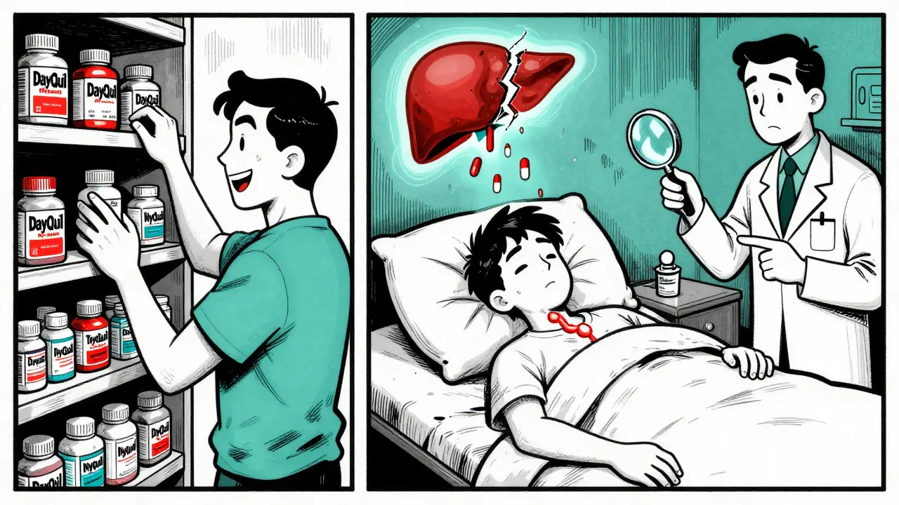 Split scene: person taking multiple cold pills vs. same person with damaged liver, pharmacist pointing to label.