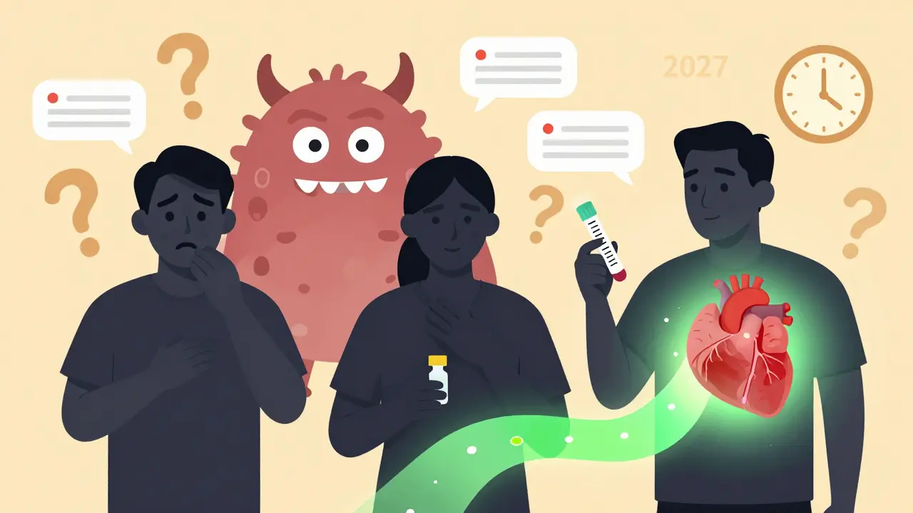 Three patients: one avoiding medicine, one at risk of infection, one safe after testing — with health outcomes shown symbolically.