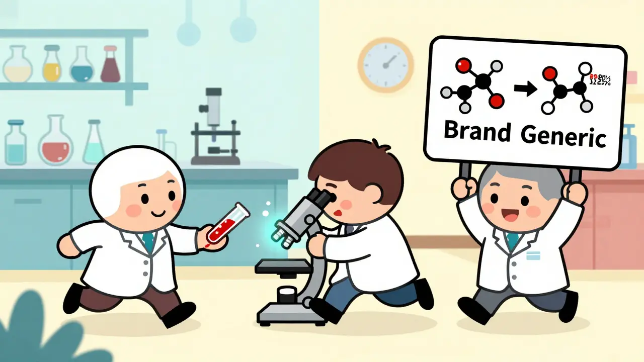 Tiny scientists testing bioequivalence with glowing blood samples and a '80%-125%' sign.