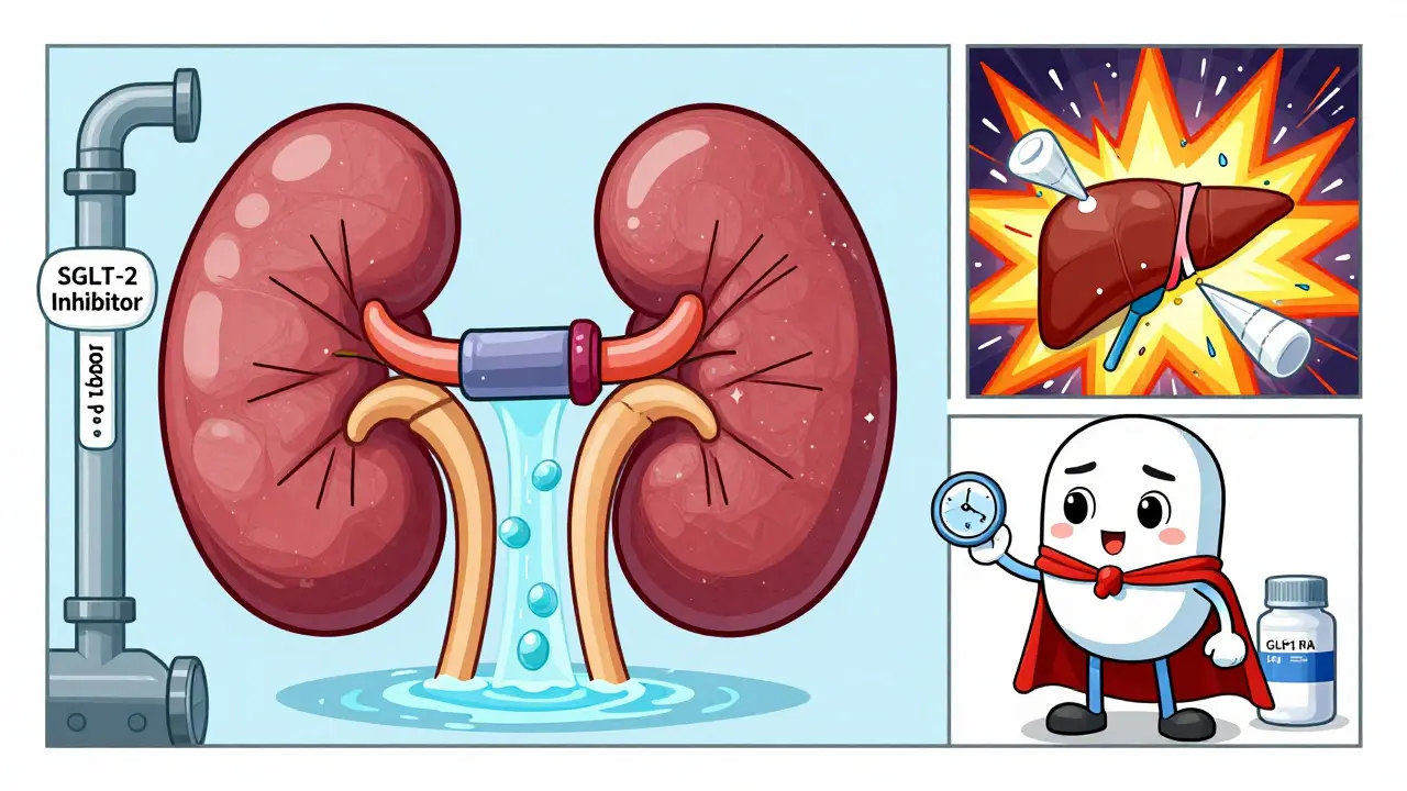 A kidney factory flushing glucose with SGLT-2 inhibitor, while GLP-1 RA calmly regulates insulin levels.