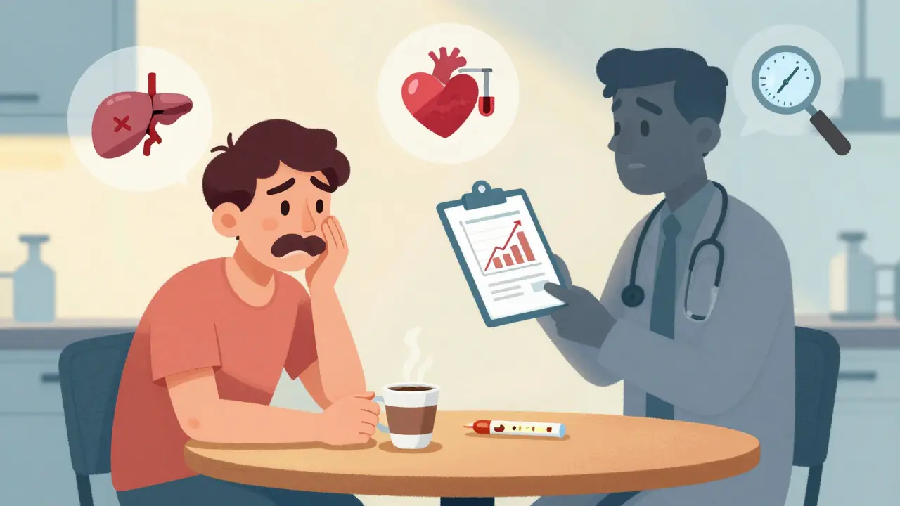 A patient with trembling hand trying to hold a cup, surrounded by symbolic health icons like a broken pancreas and swollen gums.