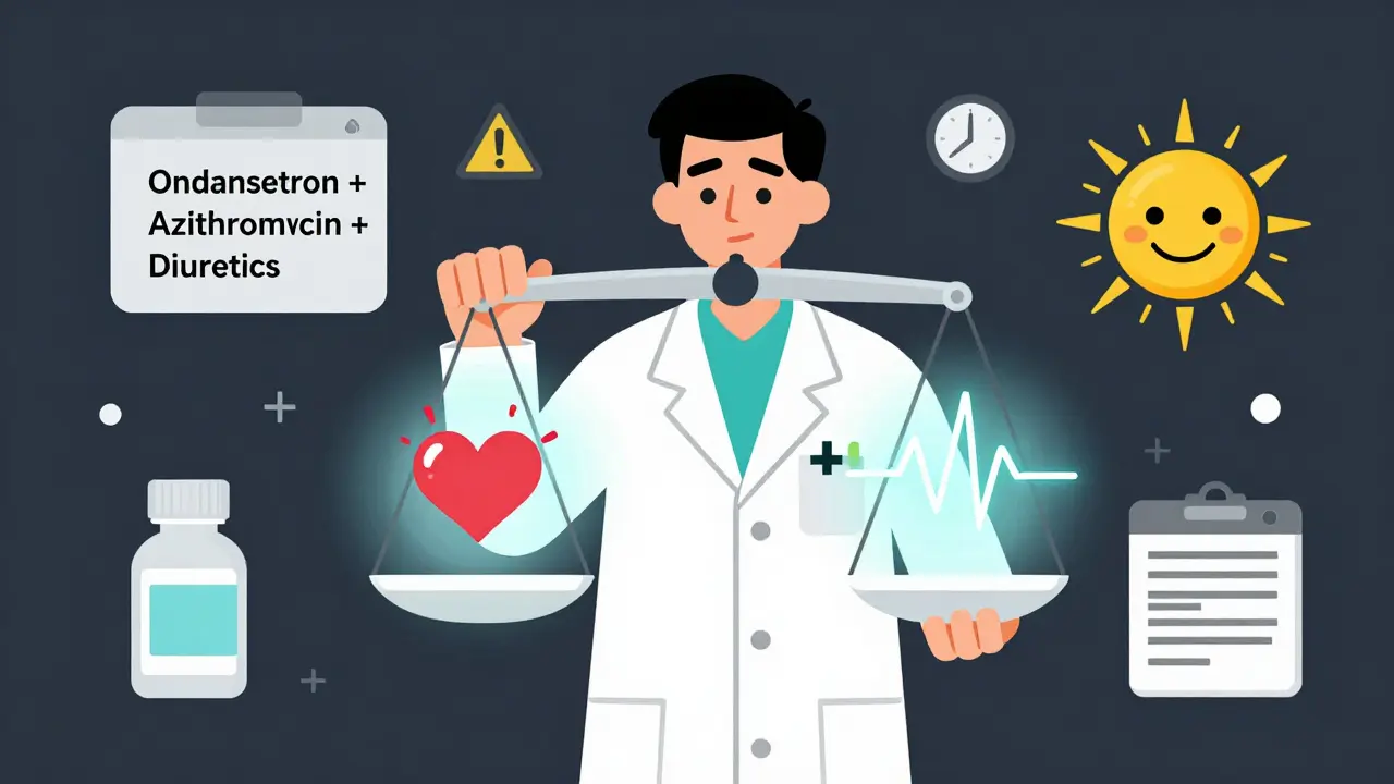 A pharmacist balancing risky drug combo against safe alternatives on a scale, highlighting cardiac safety choices.
