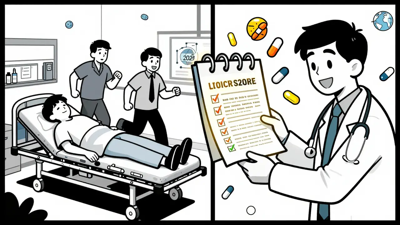 A split scene shows an unconscious patient being treated and the same person updating their medication list with their doctor.