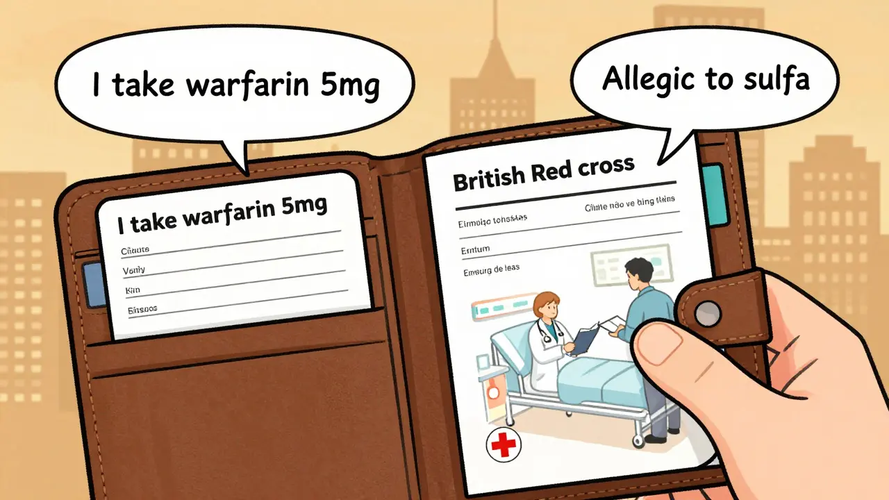 A wallet opens to reveal laminated medication lists in Vietnamese and German, beside a medical phrasebook.