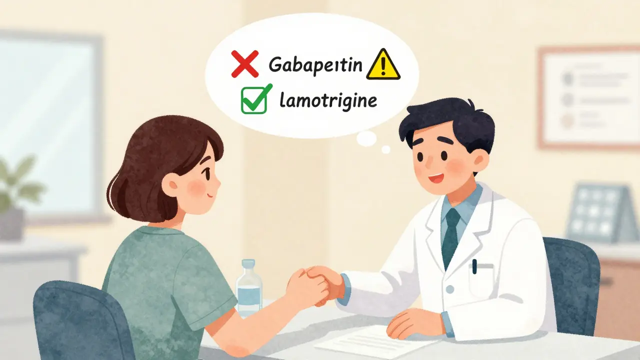 Doctor and patient discussing pregnancy medication options, with thought bubbles showing safer alternatives.