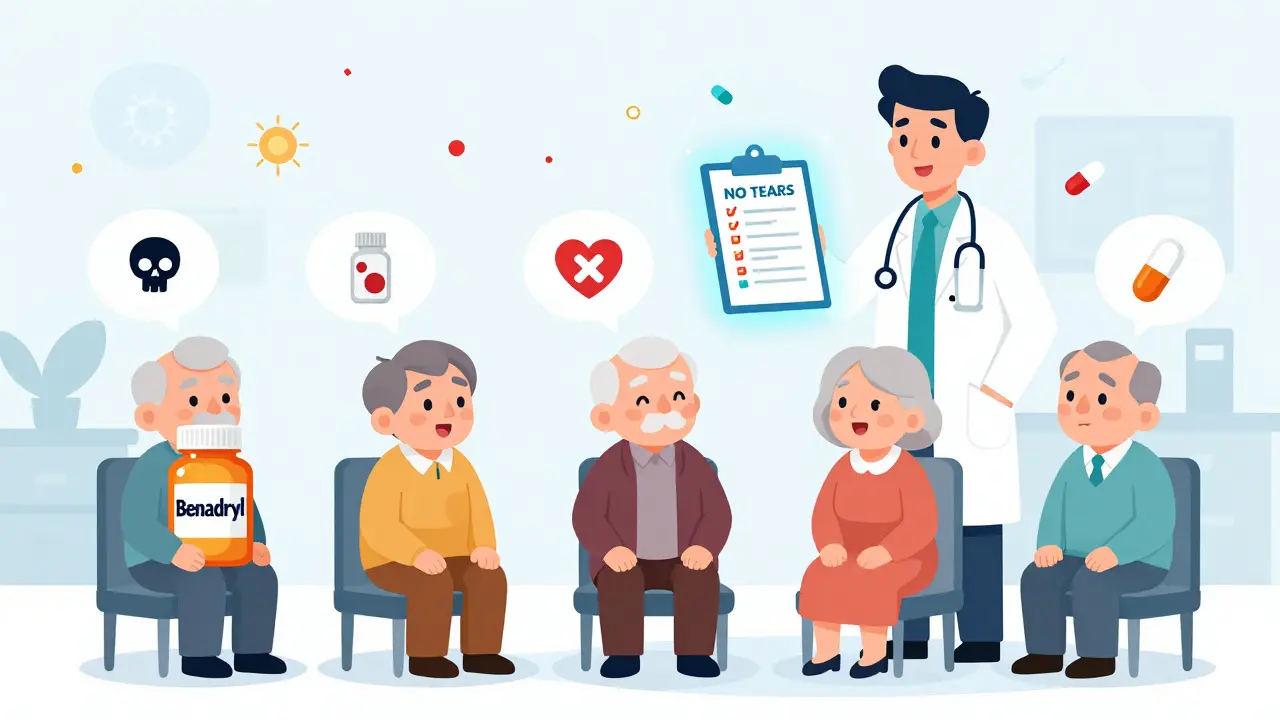 Doctor holding a NO TEARS checklist as elderly patients have medication thought bubbles with red Xs over dangerous drugs.