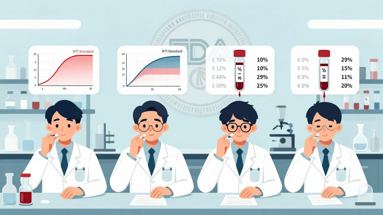 Four volunteers in a lab taking NTI drugs at different times while graphs show tightly regulated bioequivalence ranges.