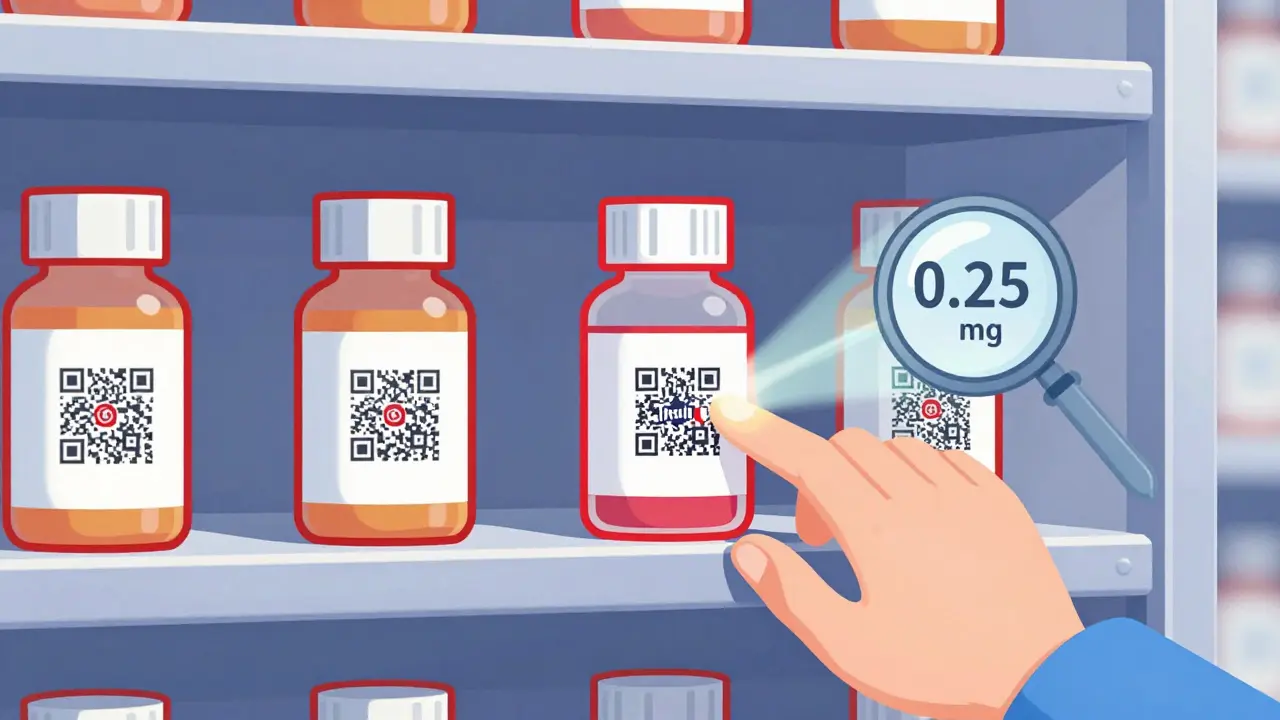 Future prescription bottles with red borders and glowing QR codes, one labeled insulin under FDA 2025 safety rules.