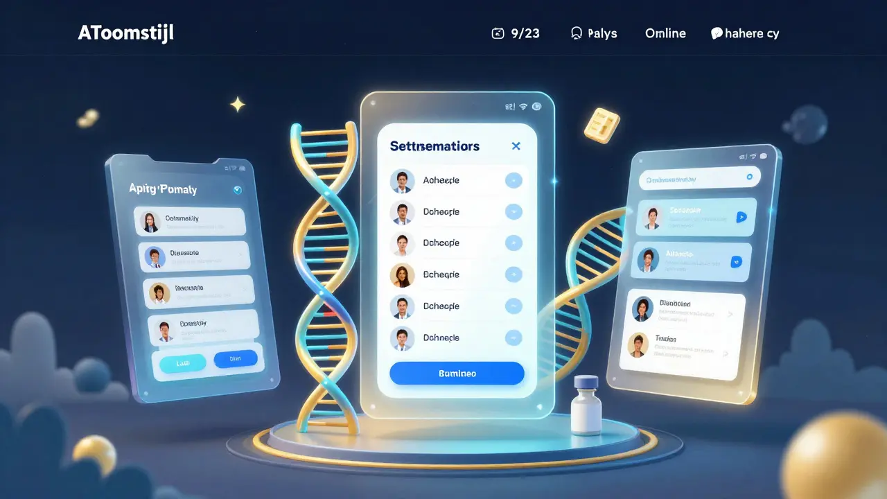 Futuristic pharmacy interface with DNA helix and personalized medication plans.