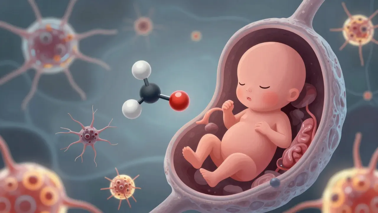 Microscopic view of a gabapentin molecule affecting fetal brain development, with stunted neurons and glowing healthy ones.