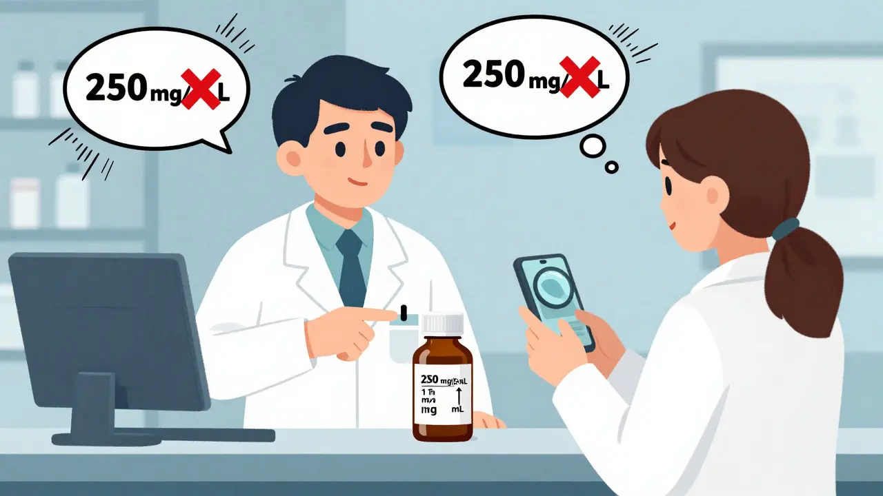 Pharmacist explains liquid medication ratio to patient using phone magnifier, with misread errors crossed out.