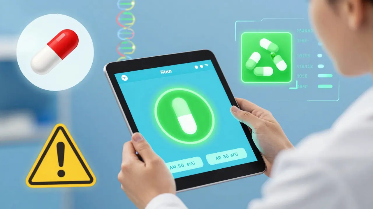 Pharmacist reviewing genetic data with warning on blood thinner pill and alternative safe option.