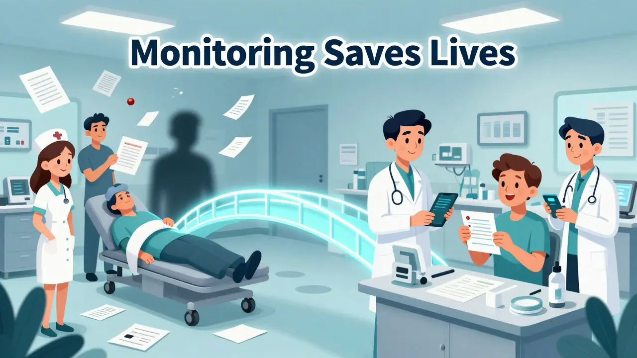 Split scene: chaotic neglected clinic versus organized, monitored clinic, showing the difference between poor and proper LAI care.