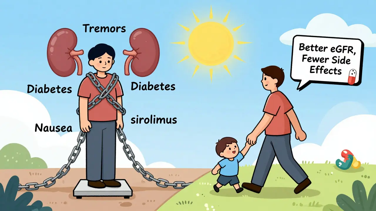 Split scene: one patient burdened by side effect chains, another walking freely with a grandchild under sunlight.