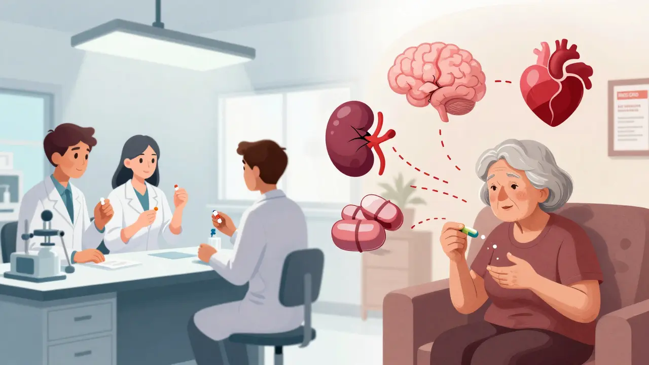 Split scene: young clinical trial subjects vs. elderly woman with invisible drug interaction hazards swirling around her.