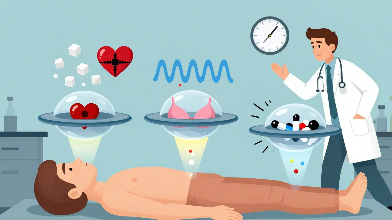 Three antipsychotic injections above a patient’s body, each emitting visual symbols of their unique side effects: weight gain, prolactin issues, and movement disorders.