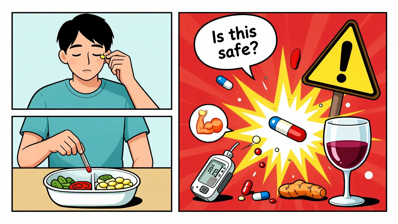 Two contrasting scenes: one safe medication routine, another showing chaotic drug interactions with warning symbols.