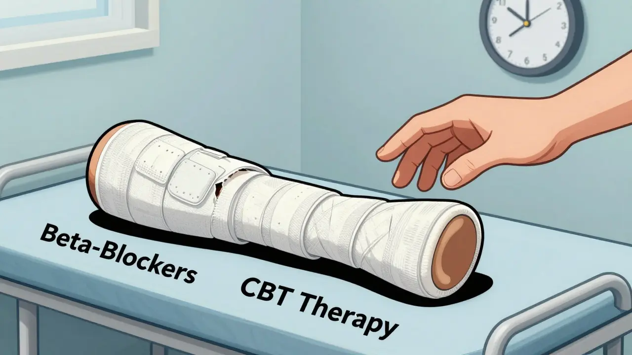 A broken bone with a bandage and cast side by side, symbolizing temporary relief versus lasting healing.