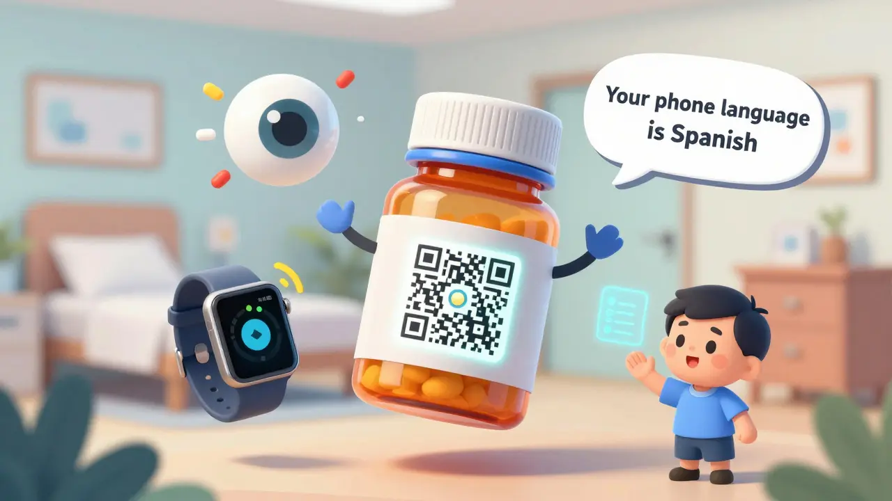 A floating pill bottle with QR code emitting digital health alerts, smartwatch vibrations, and language detection icons.