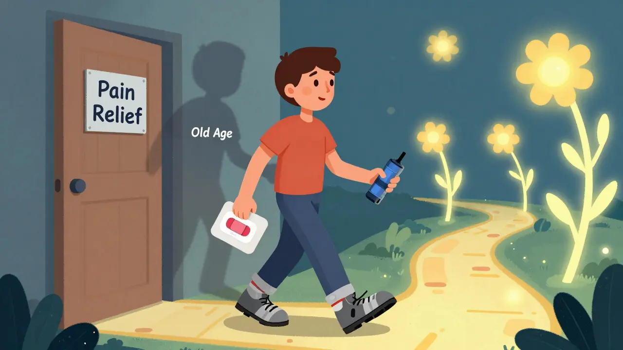 A hopeful scene of a person walking toward pain relief, wearing therapeutic shoes and holding treatment devices, while old age fades away.