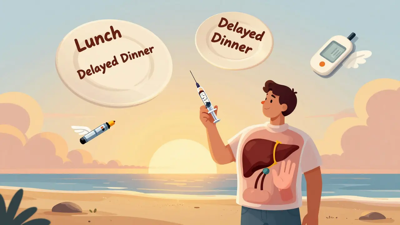 A person on a beach at sunset with a clock inside an insulin syringe, surrounded by floating meals and body organs.