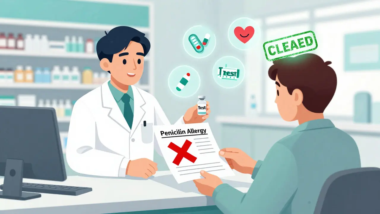 A pharmacist clearing a mistaken penicillin allergy label, replacing it with a green 'cleared' stamp and improved health outcomes.