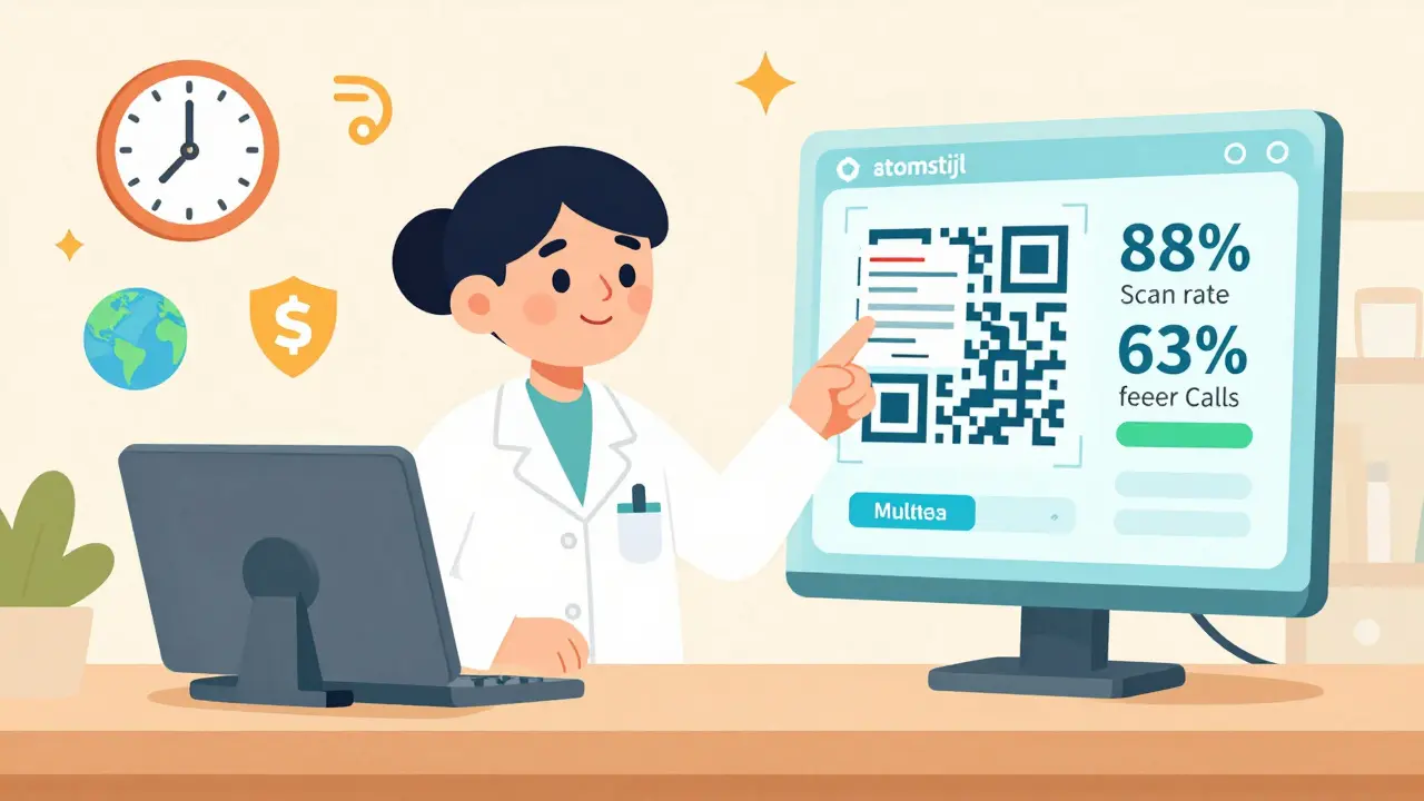 A pharmacist showing a dynamic QR code with real-time analytics and multilingual options displayed on a holographic screen.