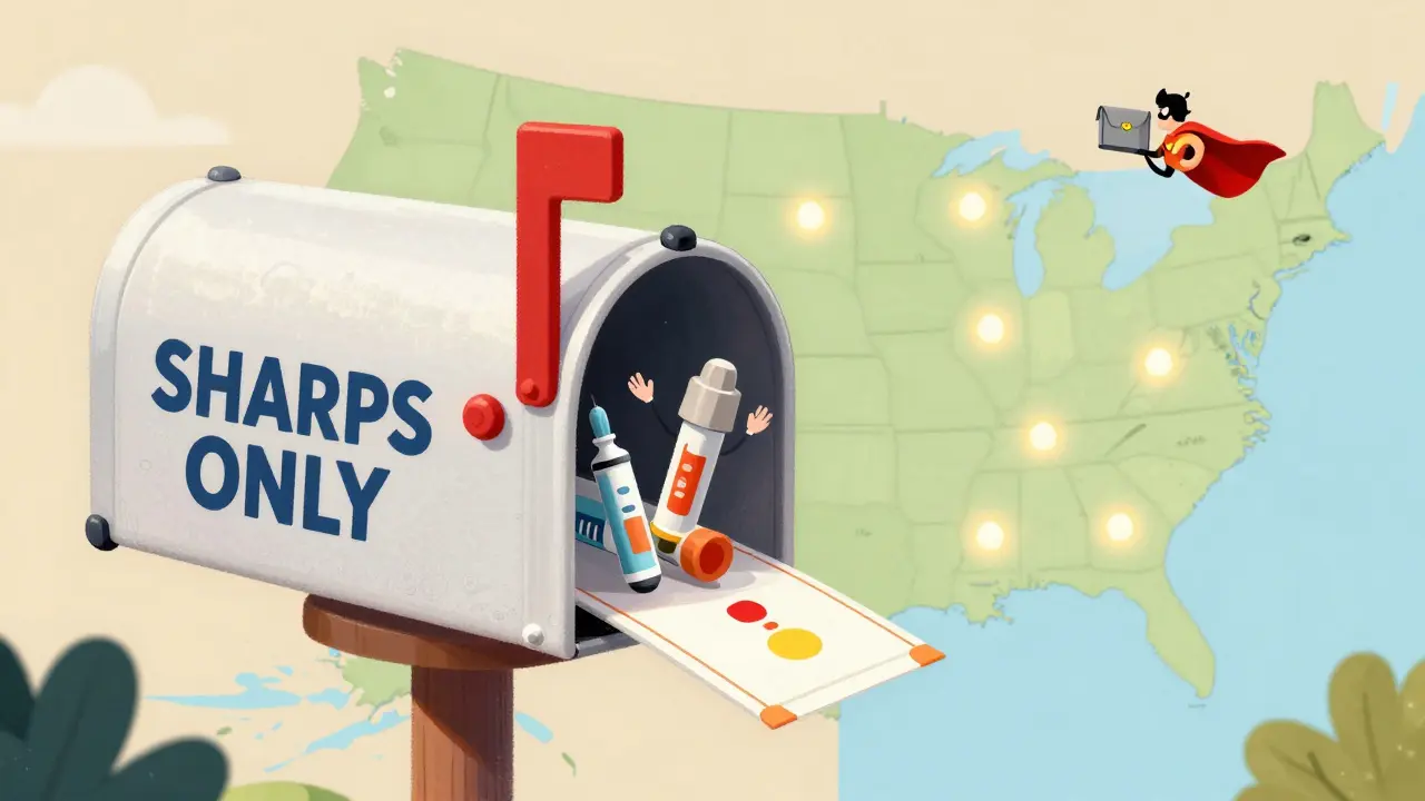 A stylized USPS mailbox receiving a sealed sharps container, with icons of medical devices waving goodbye and a U.S. map showing disposal points.