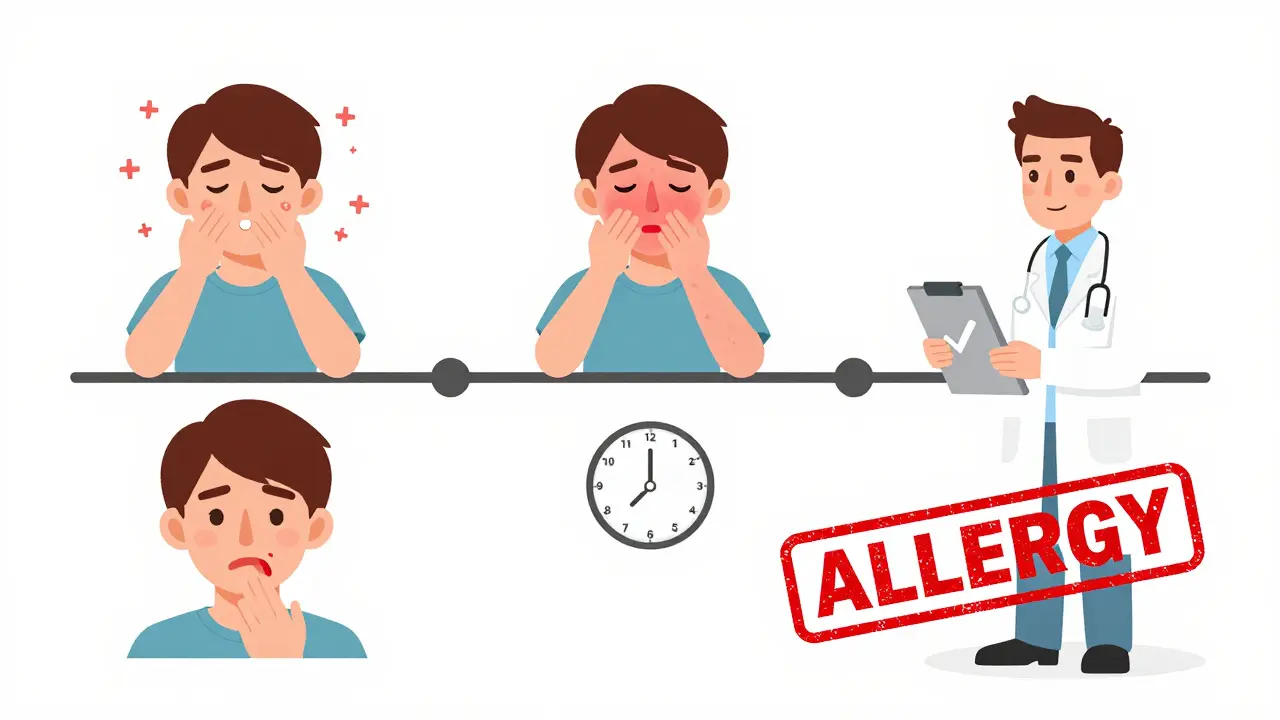 A timeline of drug reactions showing immediate, delayed, and temporary symptoms, with a doctor confirming a non-allergic reaction.