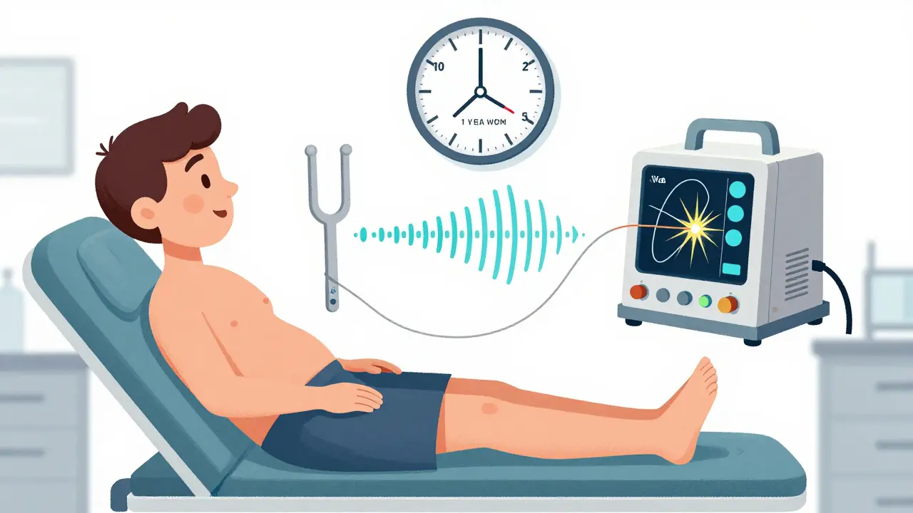A whimsical clinic scene showing diagnostic tools hovering over a patient's legs, with a clock emphasizing delayed diagnosis.