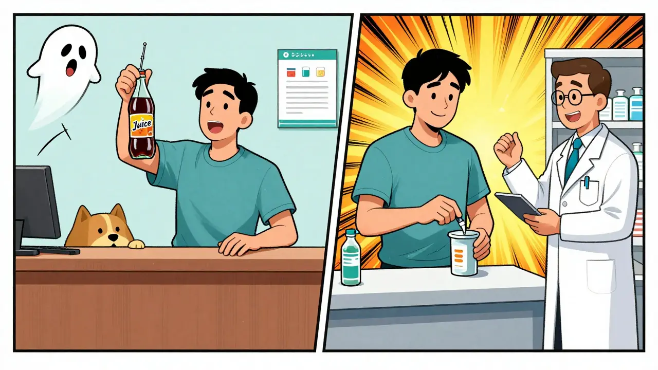 Contrasting scenes: one showing a dangerous needle in a soda bottle with a pet at risk, the other showing safe pharmacy disposal.