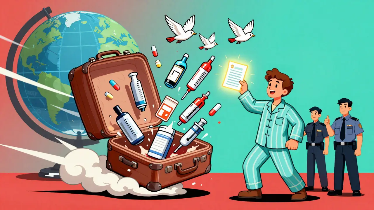 Insulin pens and medical supplies flying out of an open suitcase mid-air, with a traveler holding a glowing doctor’s note.
