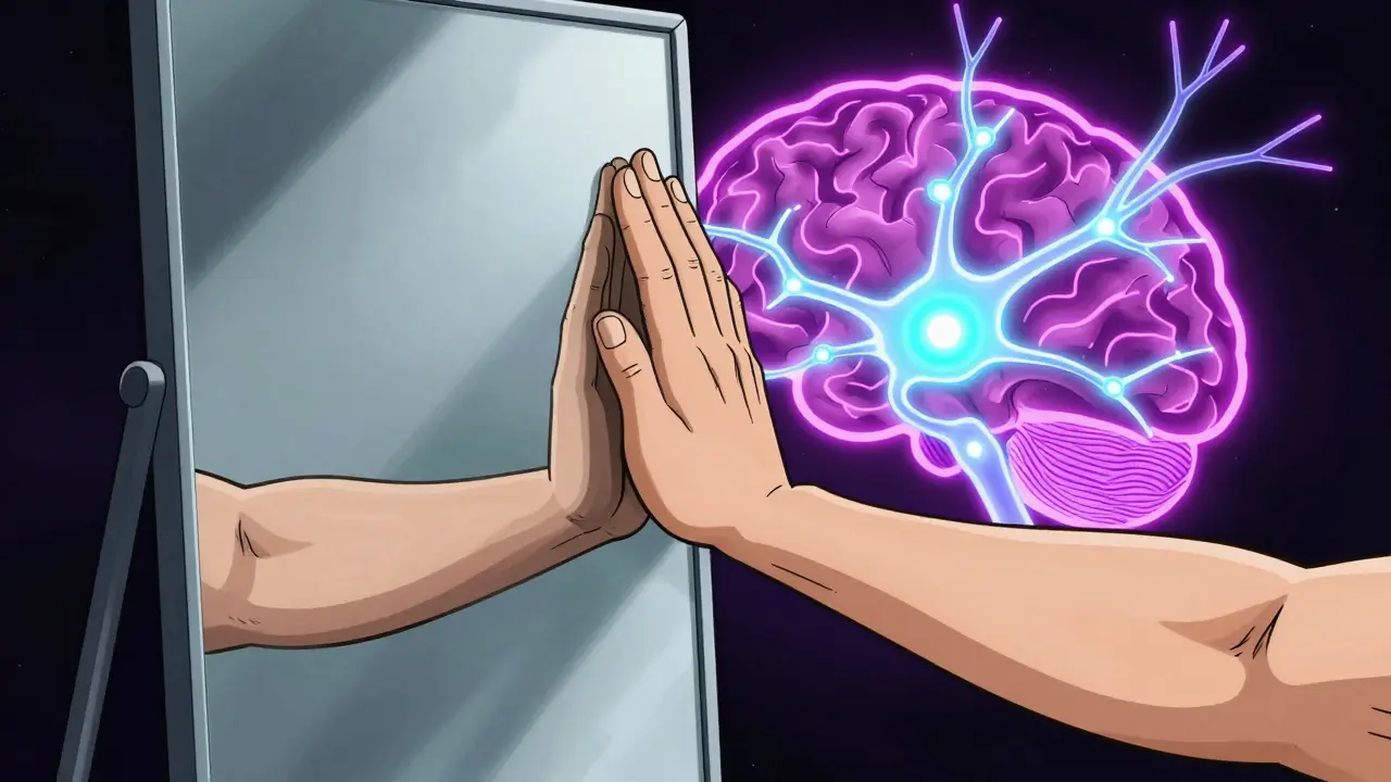 Mirror therapy with glowing neural pathways.