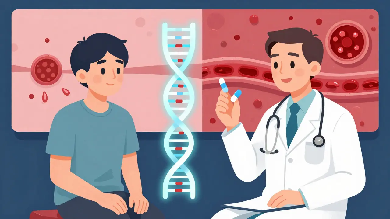Patient and doctor choosing pantoprazole over omeprazole, with DNA gene variant and blood vessel comparison.