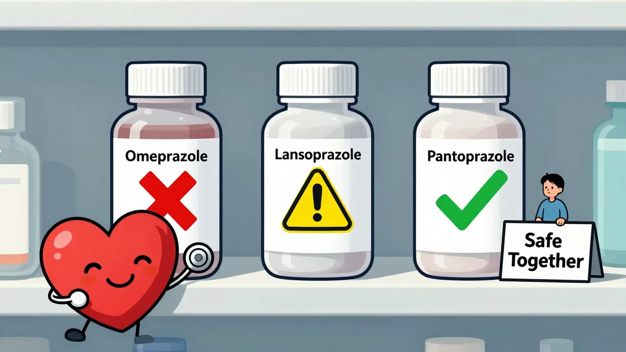 Pharmacy shelf with PPI bottles labeled, showing pantoprazole as the safe choice for clopidogrel users.