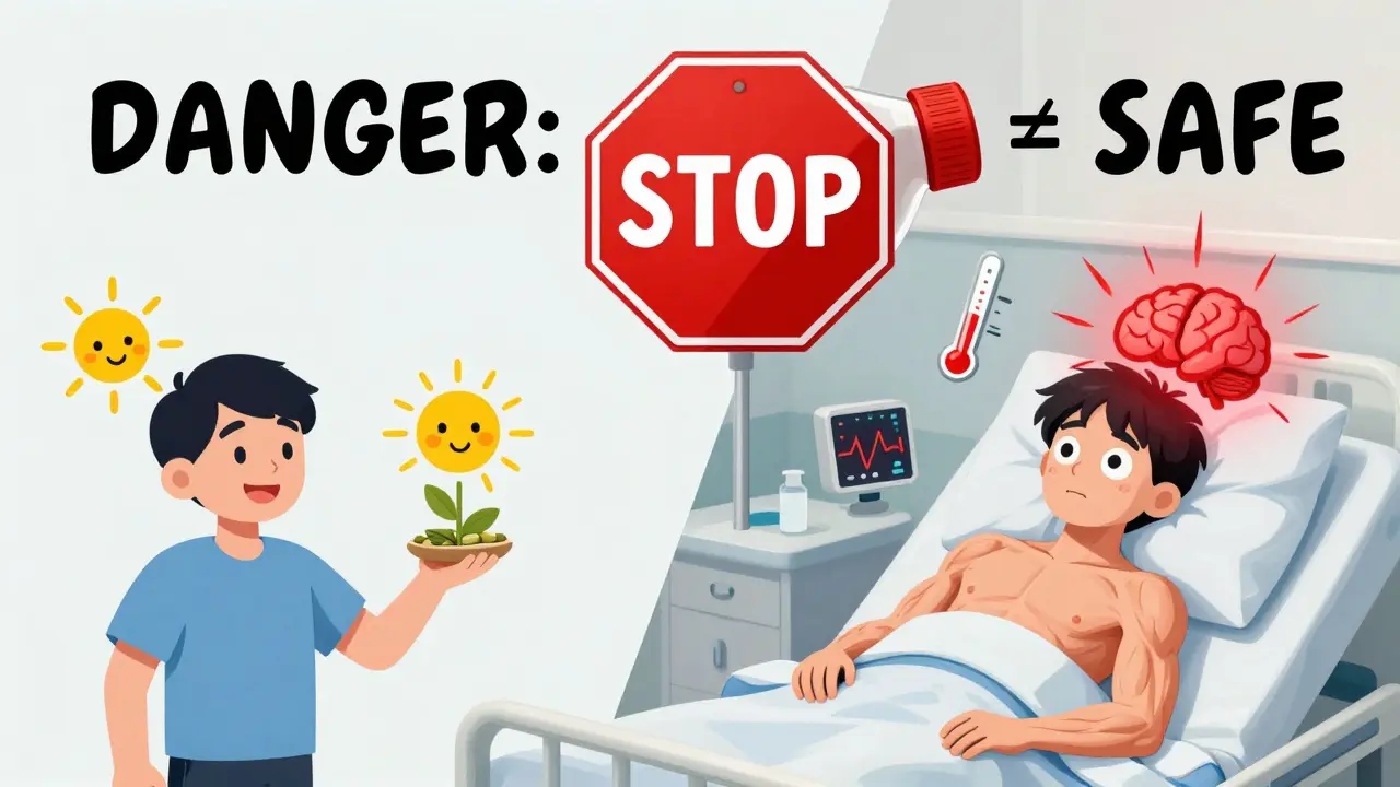 Split scene: cheerful supplement use vs. hospital emergency with glowing red brain and warning sign.