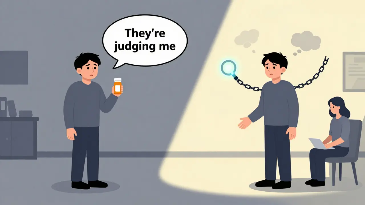 Two paths showing someone trapped by fear versus breaking free through therapy with glowing tools.