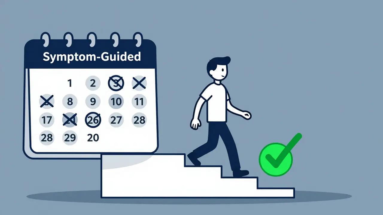A person stepping up a dose titration staircase based on a symptom-guided calendar.
