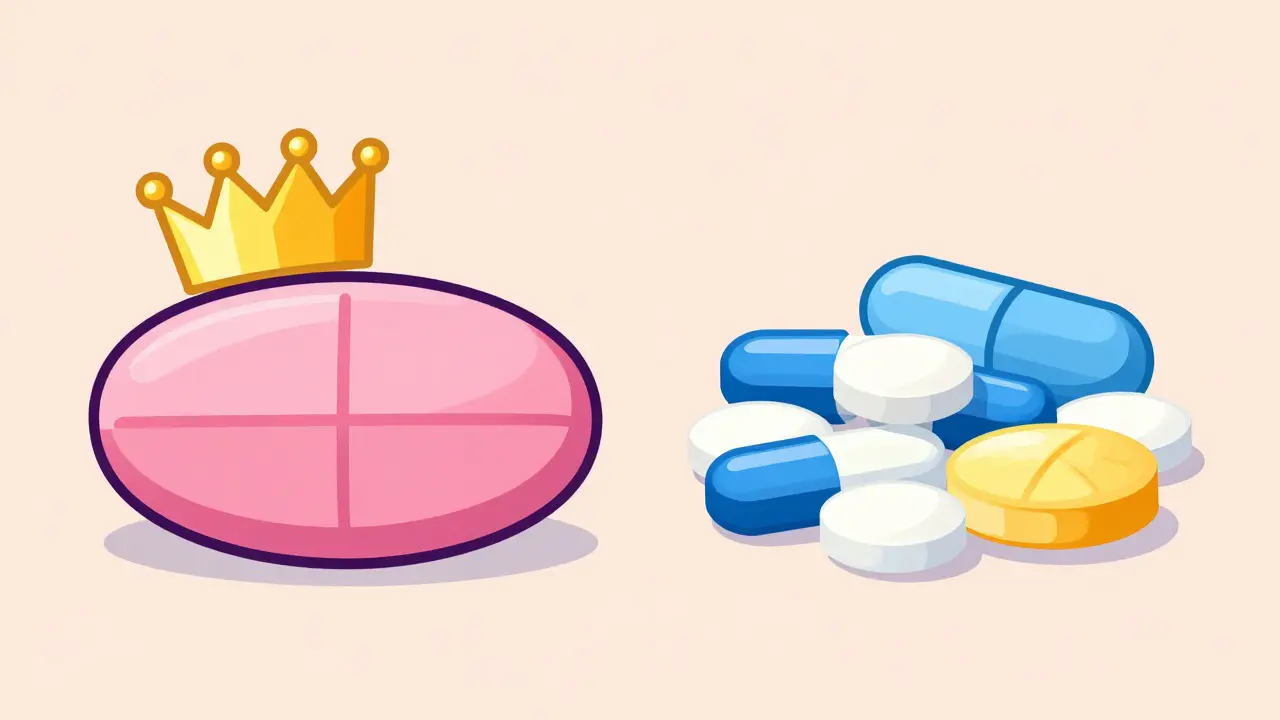 Comparison of a brand-name pink oval pill and various multi-colored generic pills
