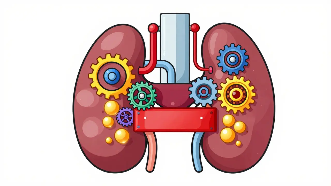 Conceptual art of a thyroid gland acting as a factory with blocked hormone release.