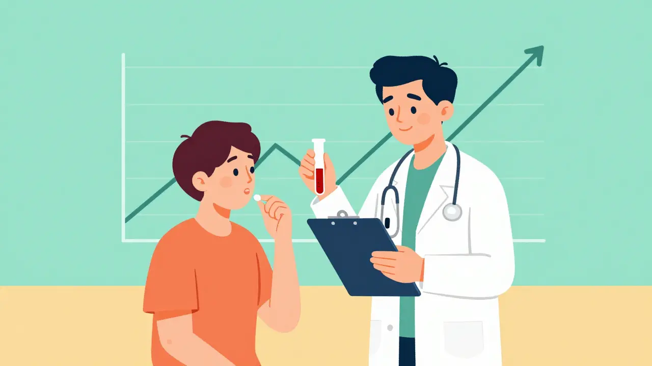 Doctor and patient managing thyroid health with medication and blood tests.