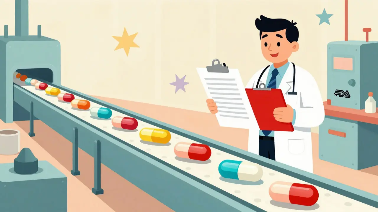 FDA inspector reviewing a perfect line of tablets on a pharmaceutical assembly line.