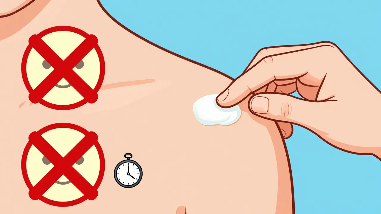 Hand applying a pea-sized amount of cream with safety warning symbols