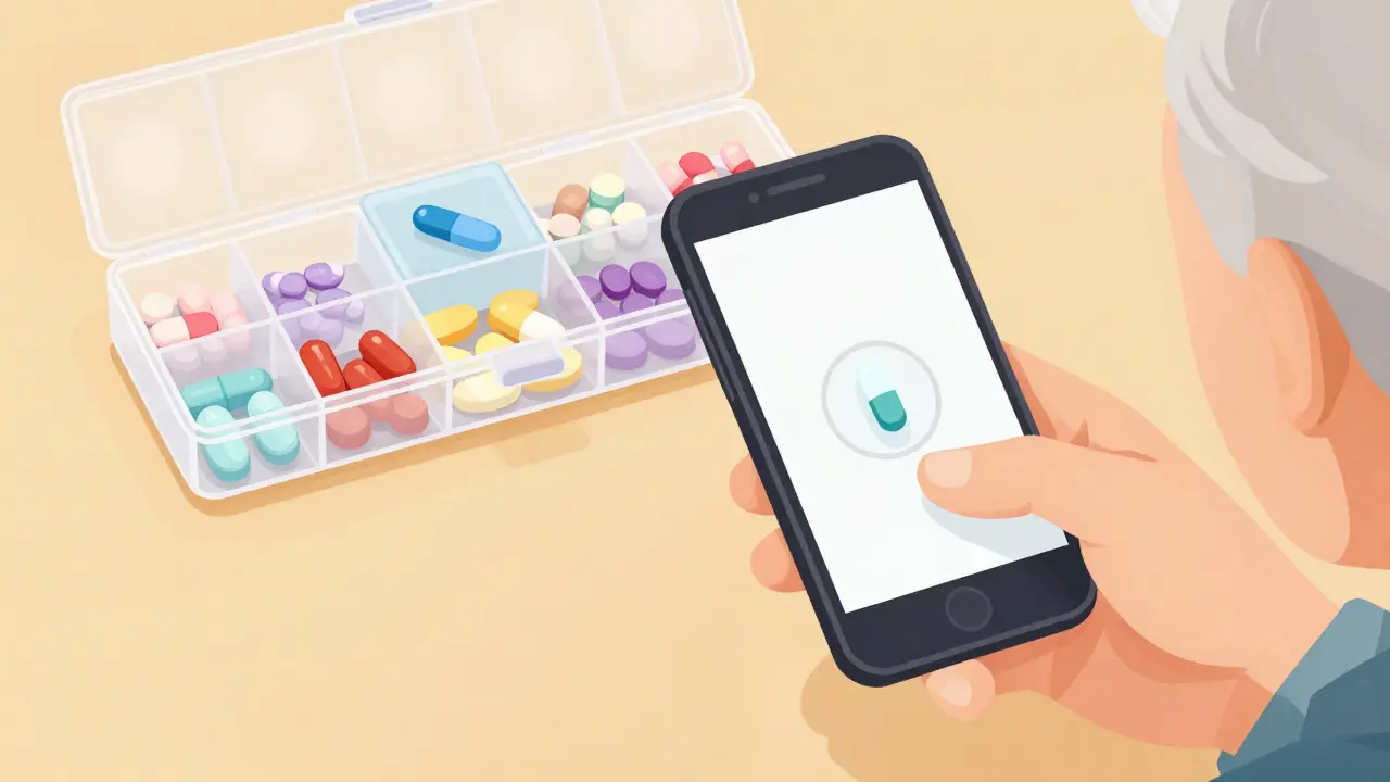 Hand taking a photo of a weekly pill organizer using a smartphone