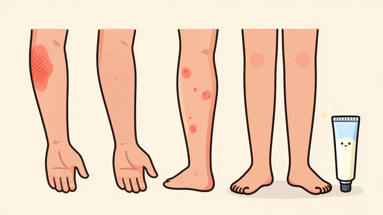Illustration of various skin rashes and a tube of healing cream
