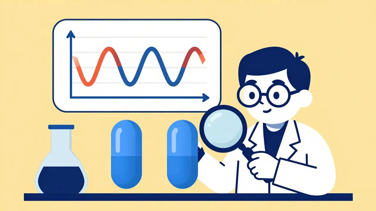 Scientist comparing two identical blue capsules to prove bioequivalence.