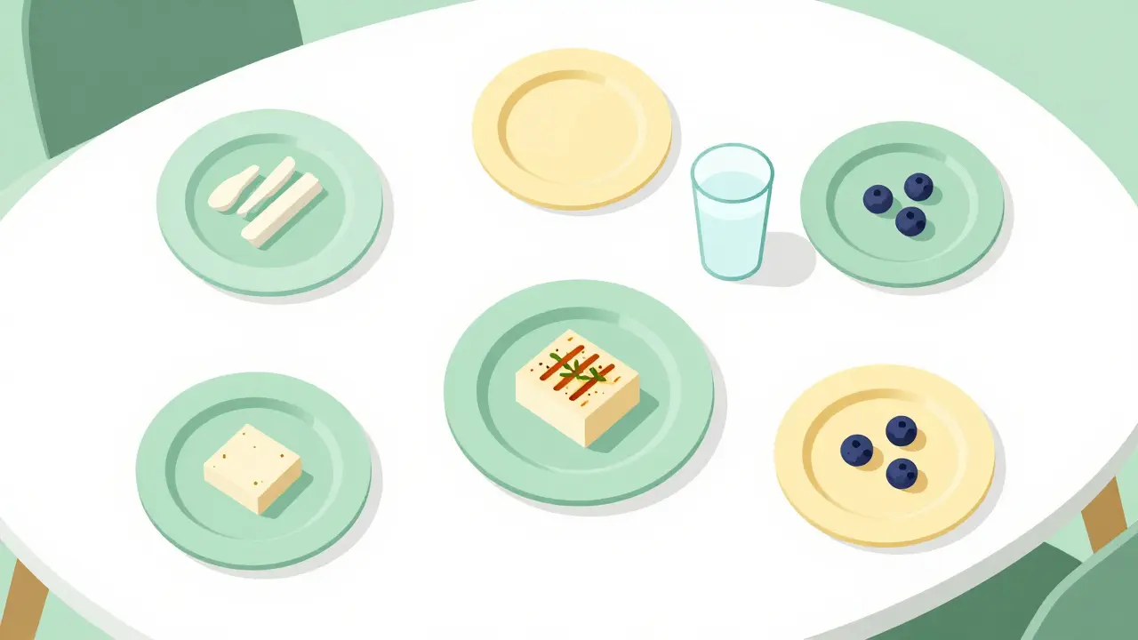 Small high-protein portions and a separate glass of water on a table in Atoomstijl style.